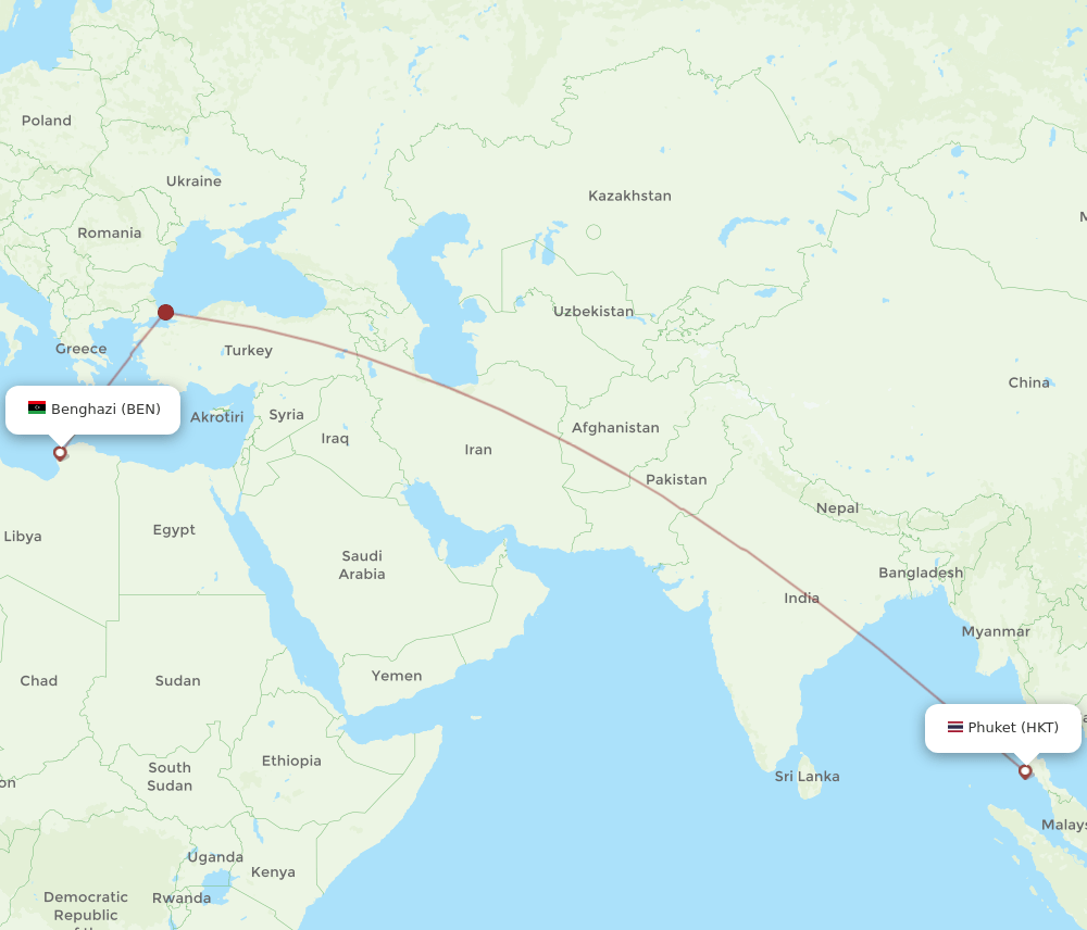 Phuket - Benghazi route map and flight paths