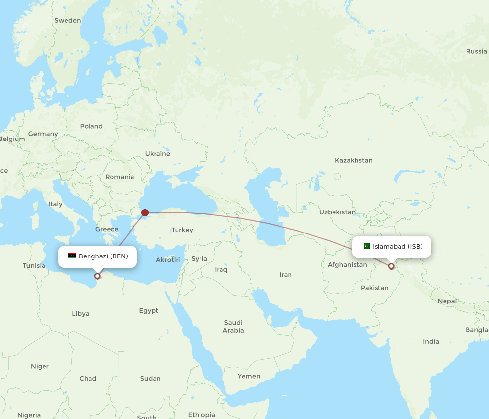 BEN to ISB flights and routes map