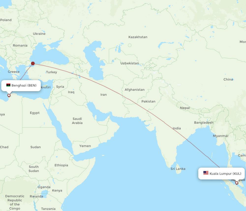 BEN to KUL flights and routes map