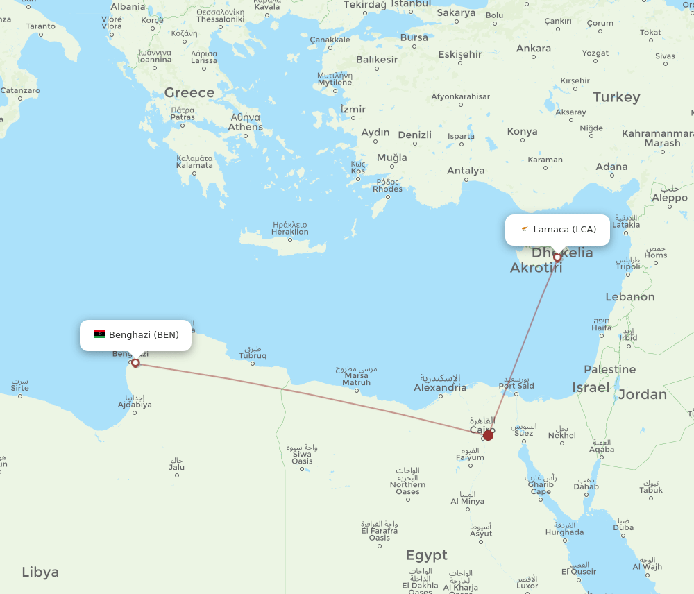 Larnaca - Benghazi route map and flight paths