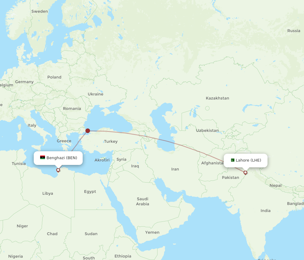 BEN to LHE flights and routes map