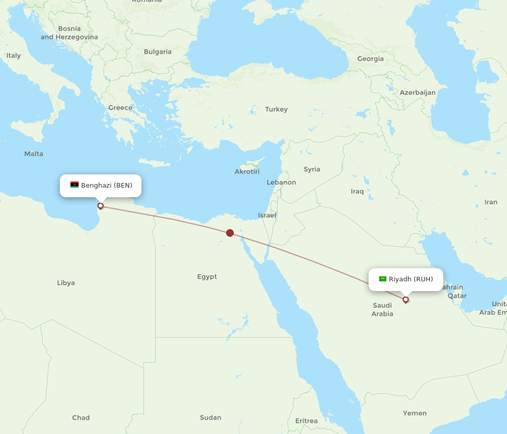 BEN to RUH flights and routes map