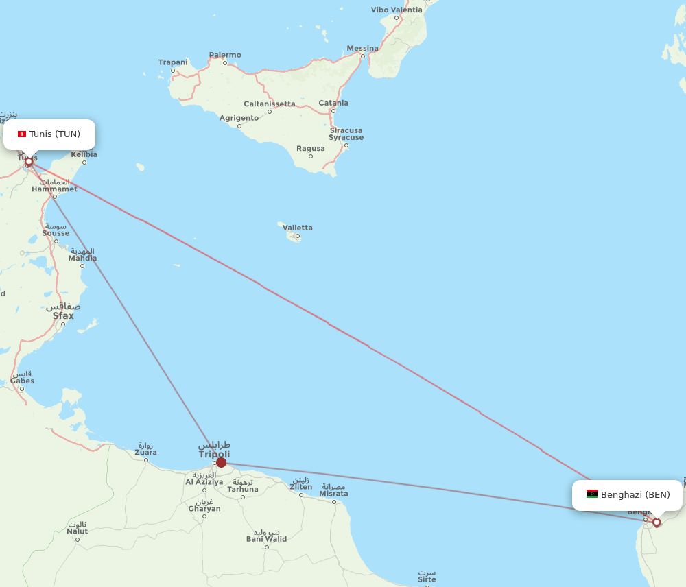 BEN to TUN flights and routes map