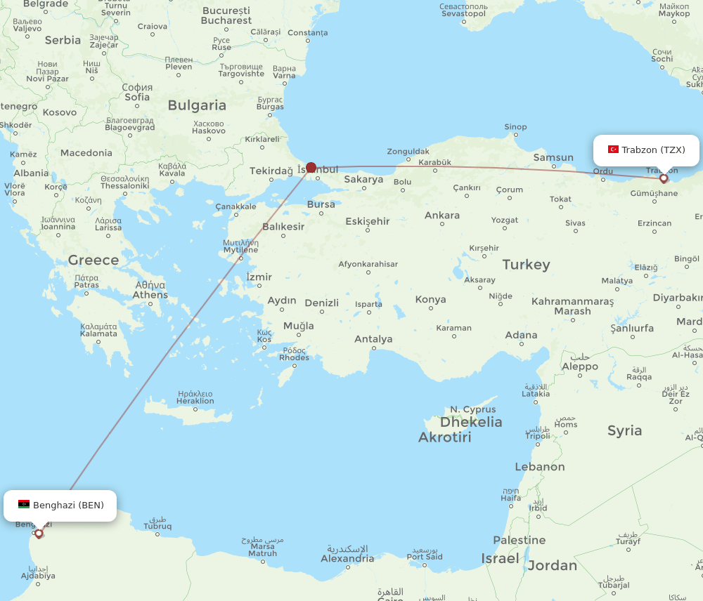 BEN to TZX flights and routes map