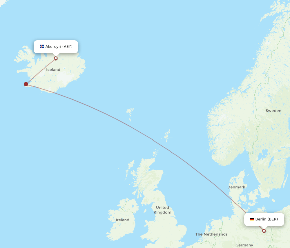 Berlin - Akureyri route map and flight paths