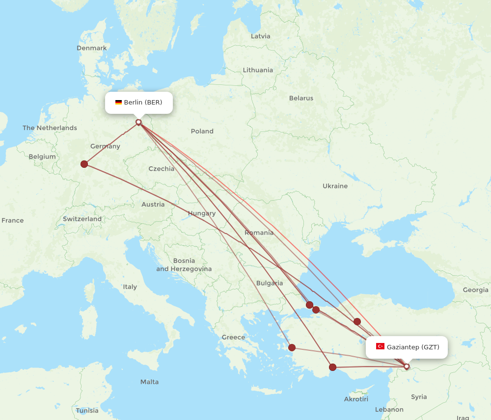 BER to GZT flights and routes map