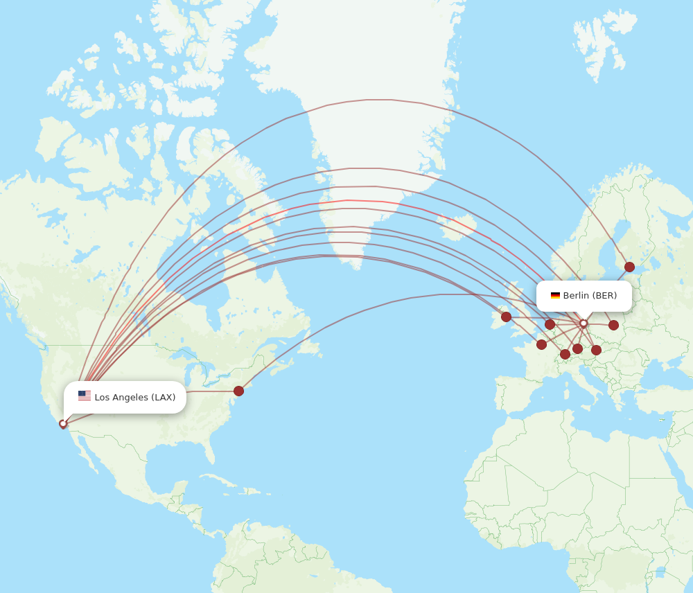 BER to LAX flights and routes map