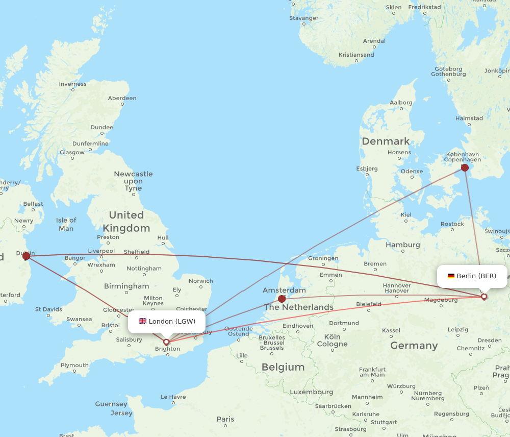 BER to LGW flights and routes map