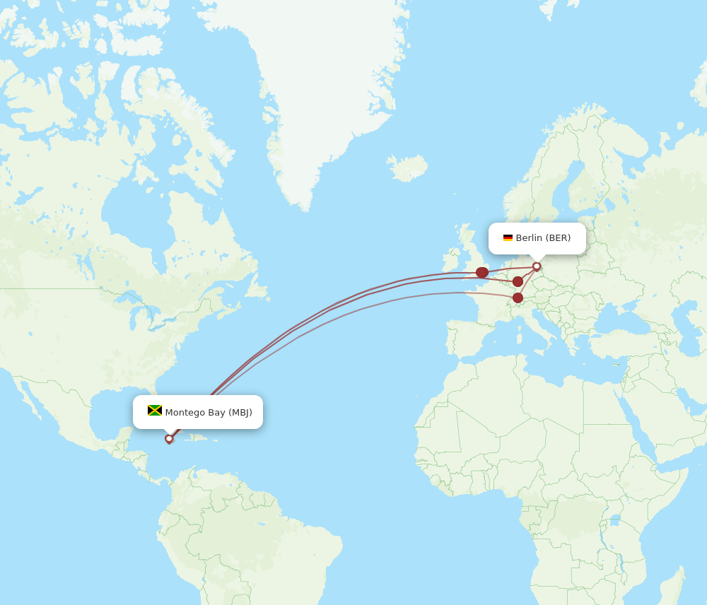 BER to MBJ flights and routes map