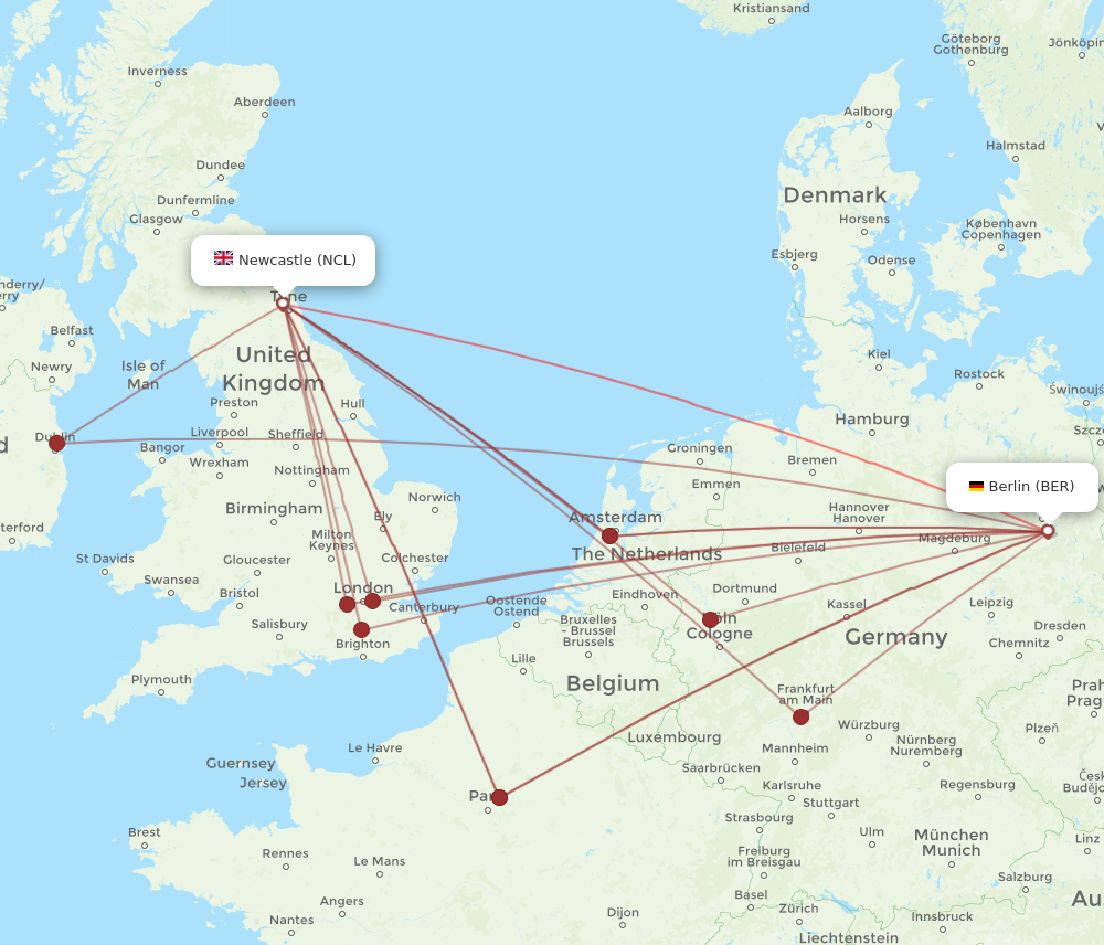 BER to NCL flights and routes map