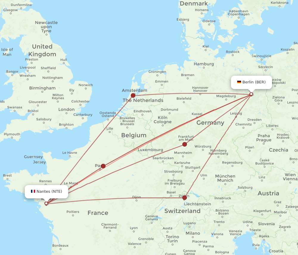 BER to NTE flights and routes map