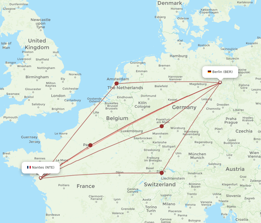 BER to NTE flights and routes map