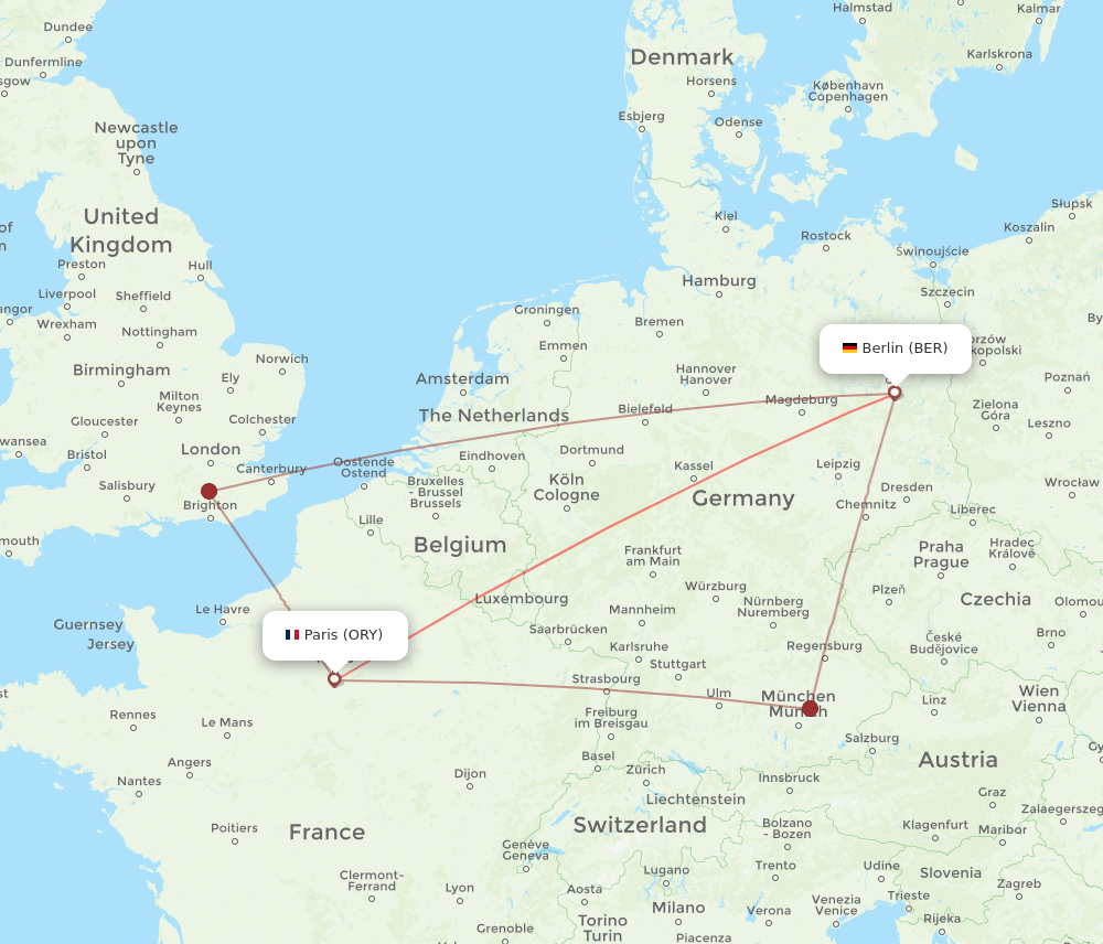Berlin - Paris route map and flight paths