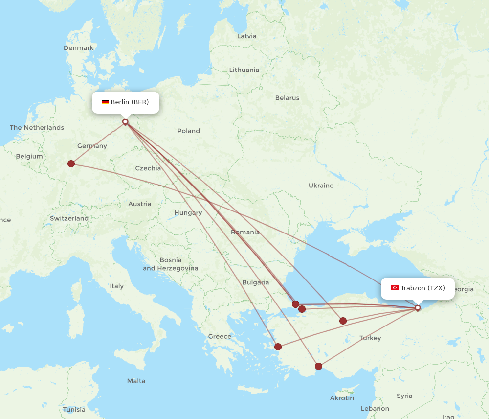 BER to TZX flights and routes map
