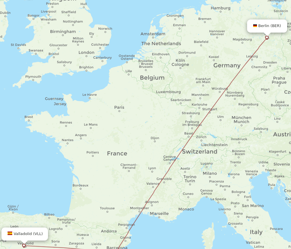 Berlin - Valladolid route map and flight paths