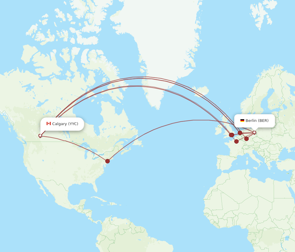 Calgary - Berlin route map and flight paths
