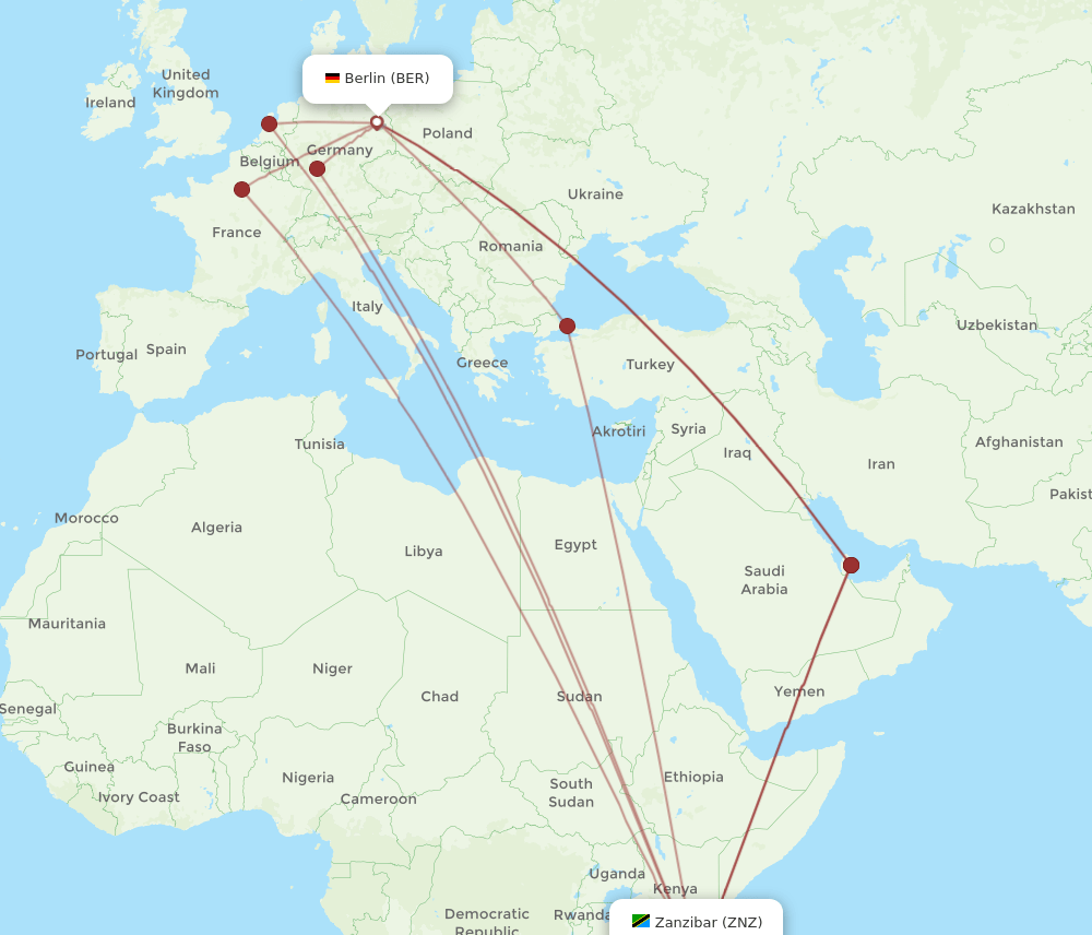 BER to ZNZ flights and routes map