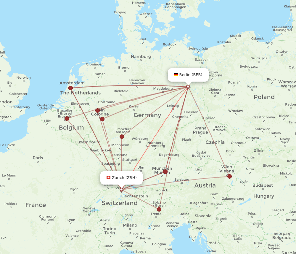 BER to ZRH flights and routes map