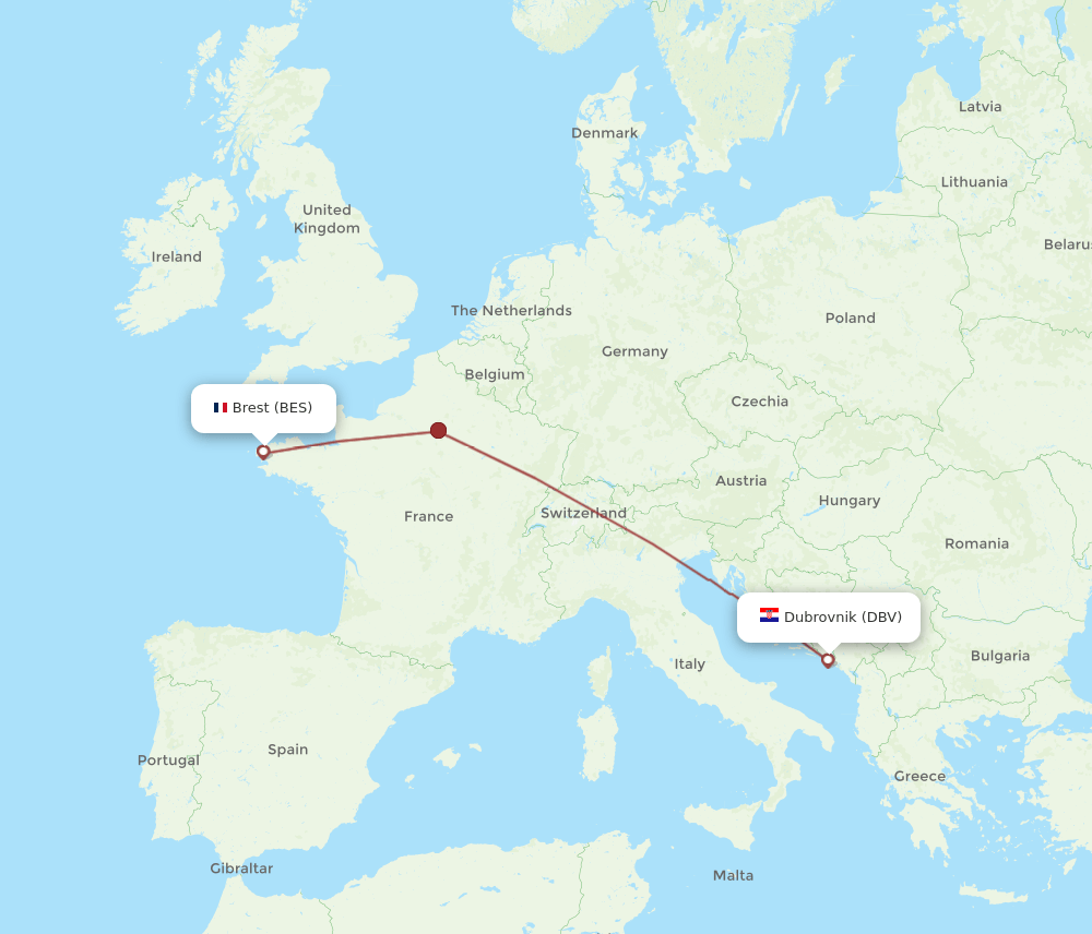 BES to DBV flights and routes map