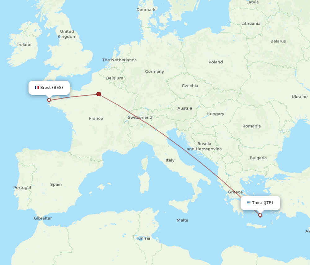 BES to JTR flights and routes map