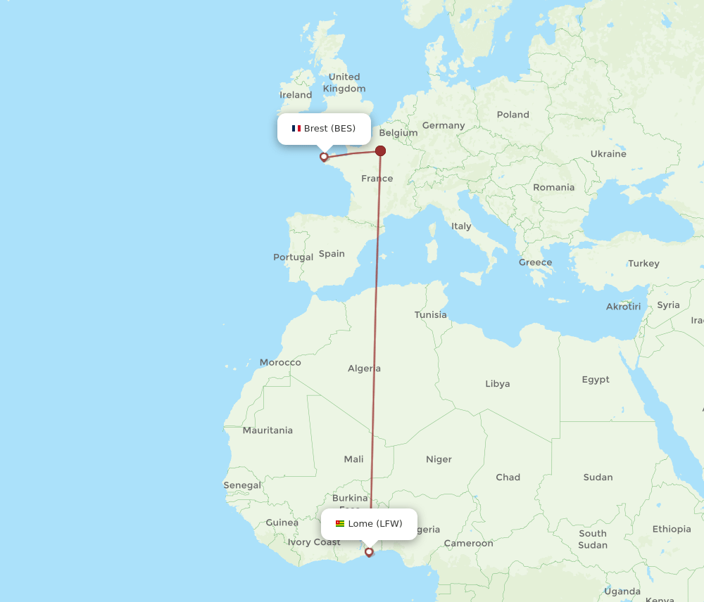BES to LFW flights and routes map