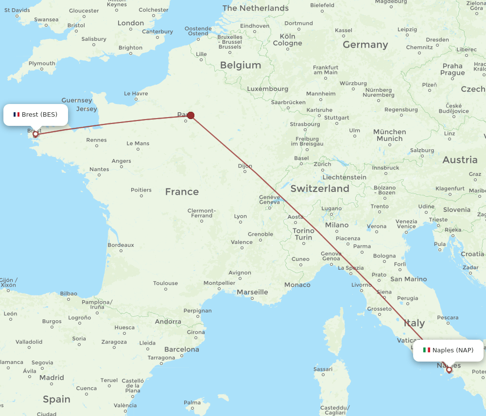 BES to NAP flights and routes map