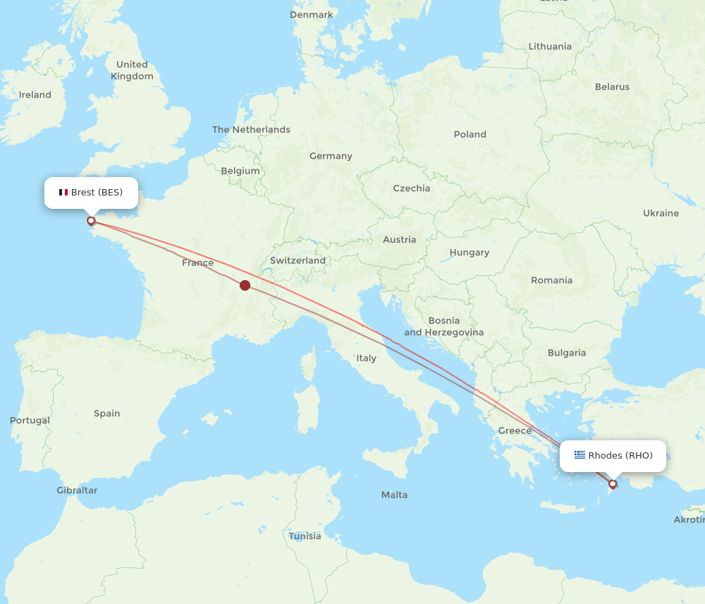 BES to RHO flights and routes map