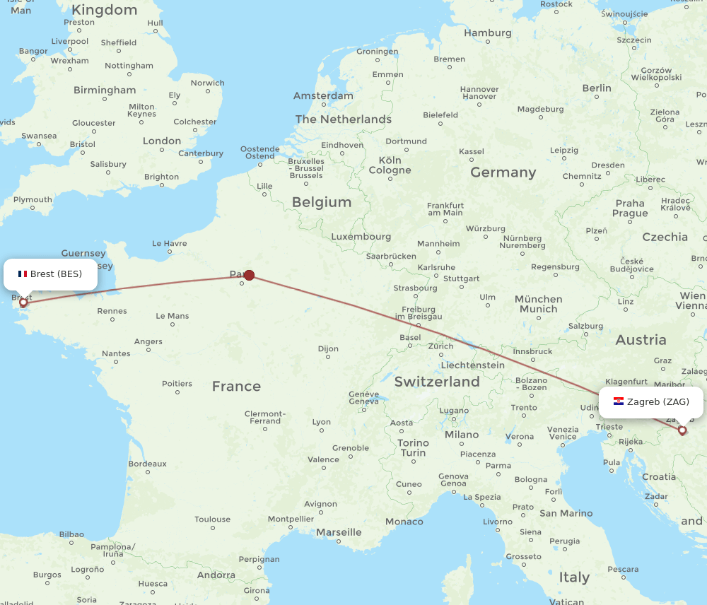 Zagreb - Brest route map and flight paths