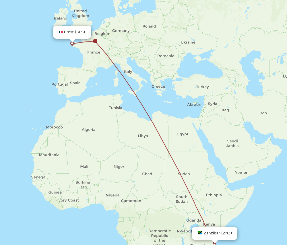 Zanzibar - Brest route map and flight paths