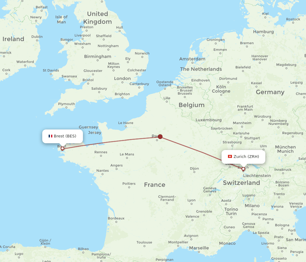 Zurich - Brest route map and flight paths