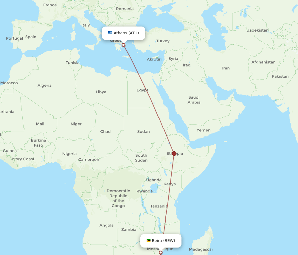 Athens - Beira route map and flight paths