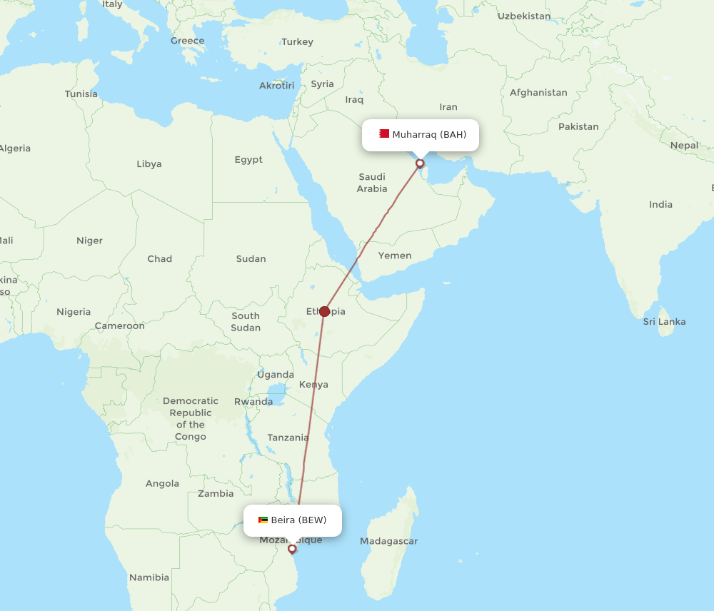 Bahrain - Beira route map and flight paths