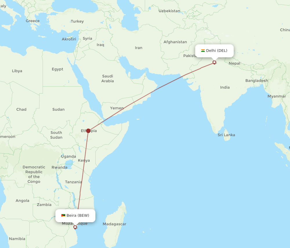 Delhi - Beira route map and flight paths