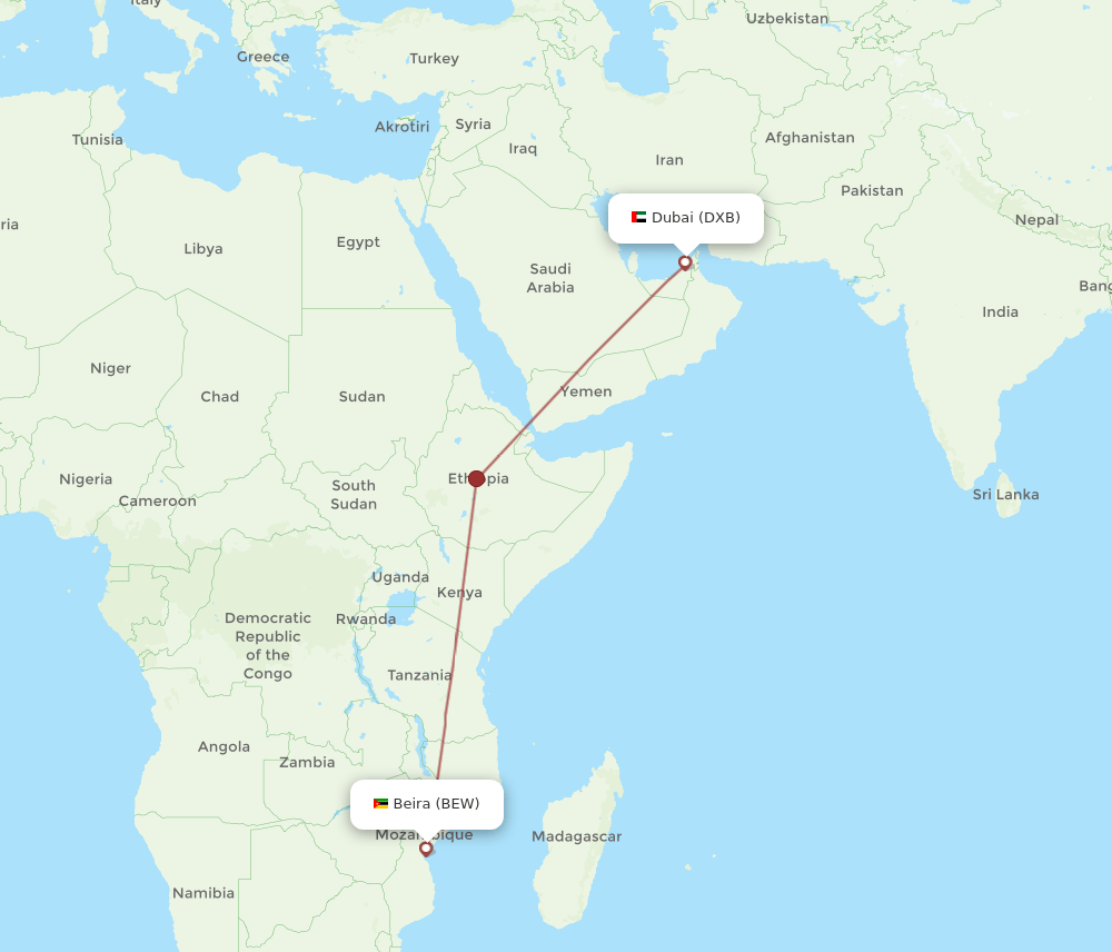 DXB to BEW flights and routes map