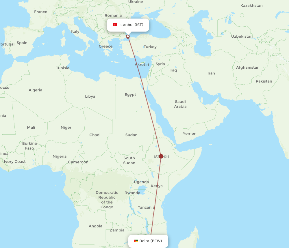 Istanbul - Beira route map and flight paths