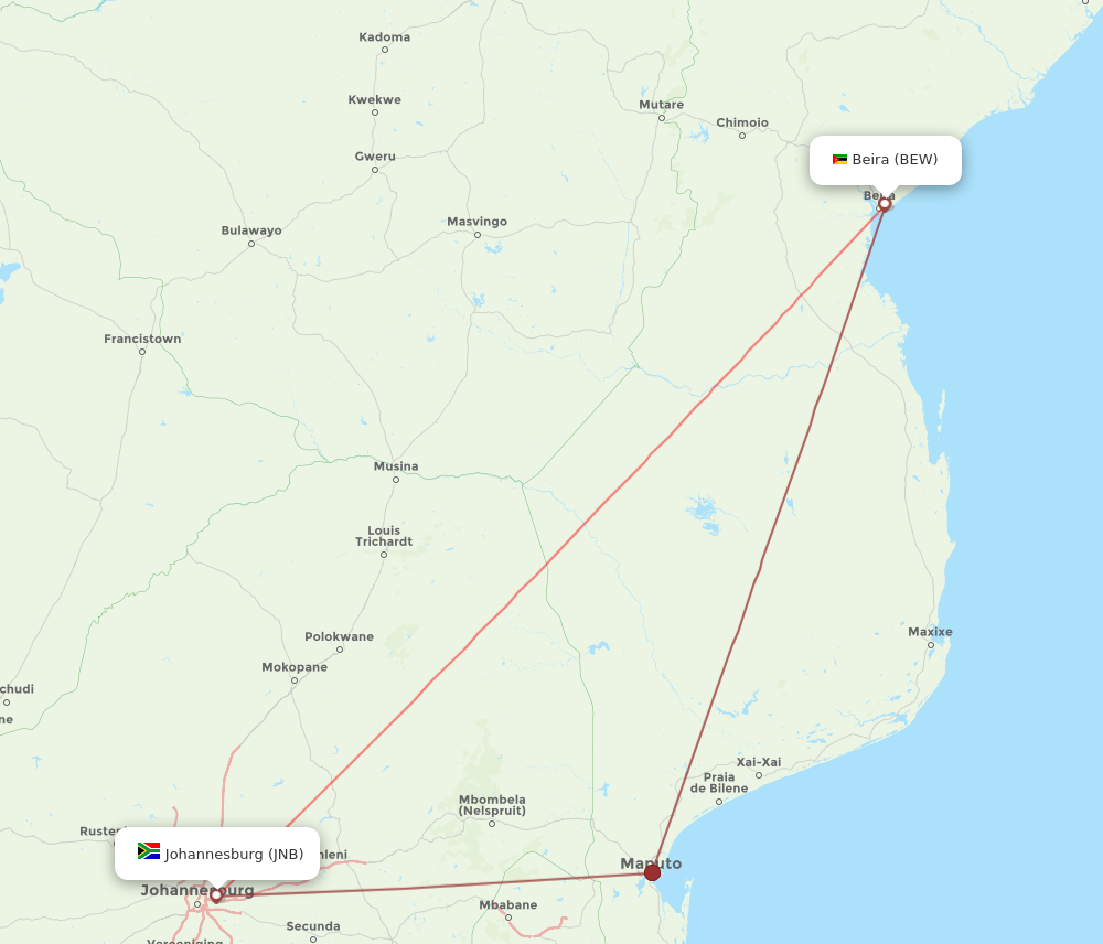 BEW to JNB flights and routes map