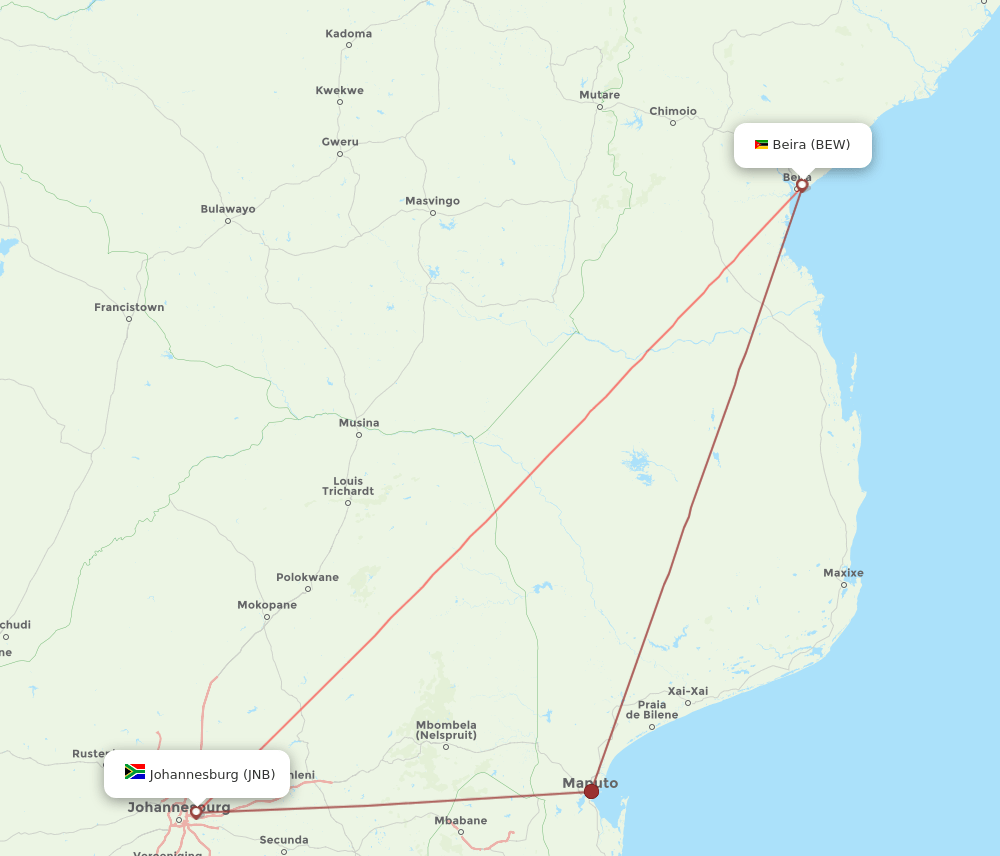 BEW-JNB flight routes