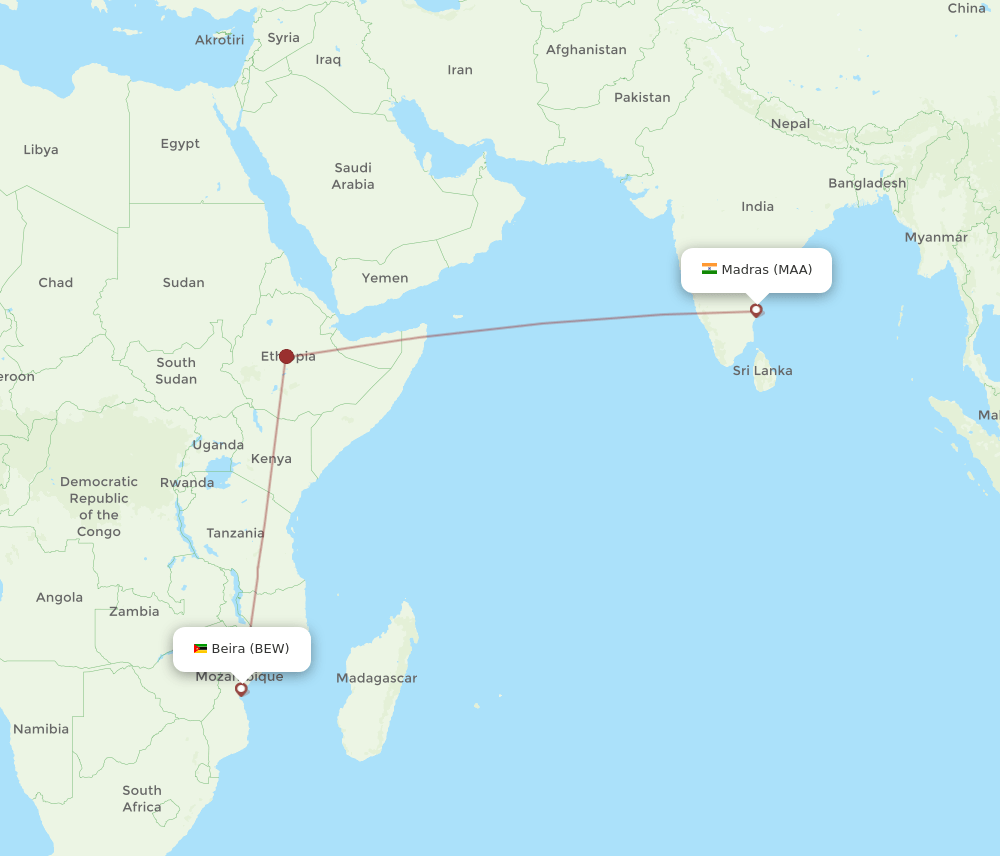 MAA to BEW flights and routes map