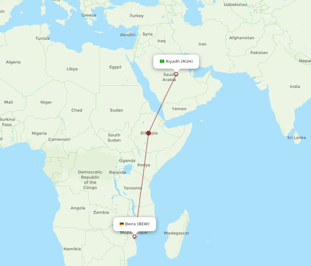 RUH to BEW flights and routes map
