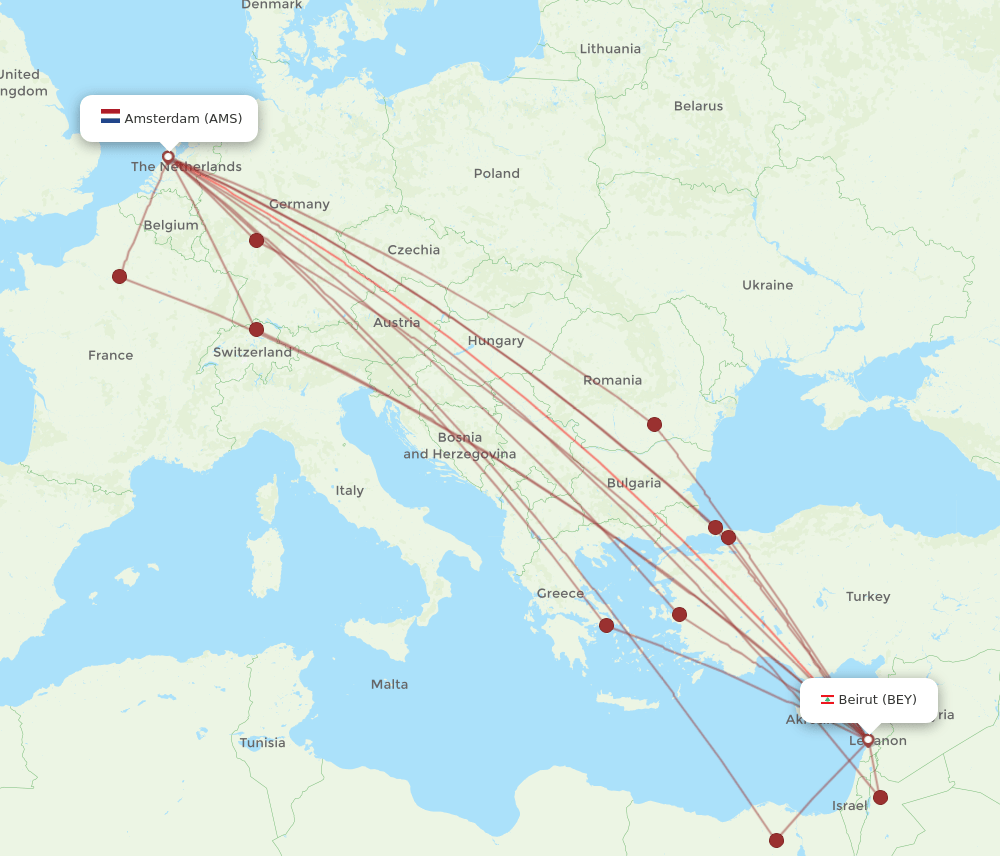 BEY-AMS flight routes