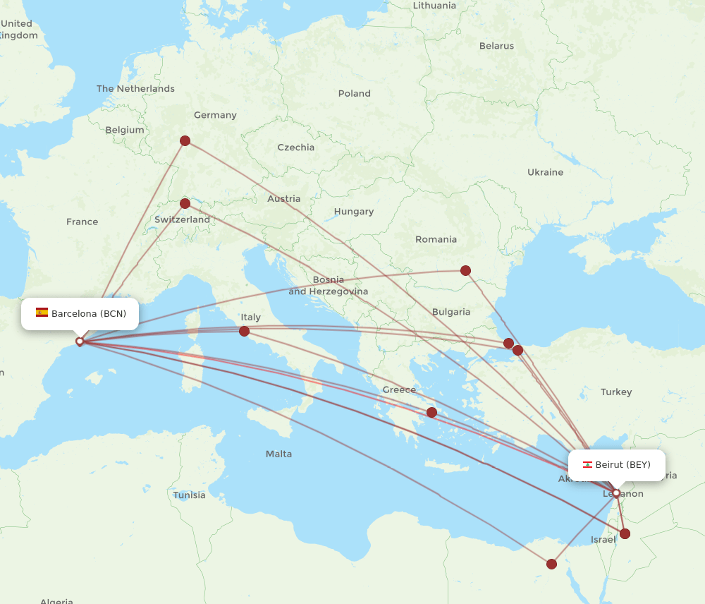BEY-BCN flight routes