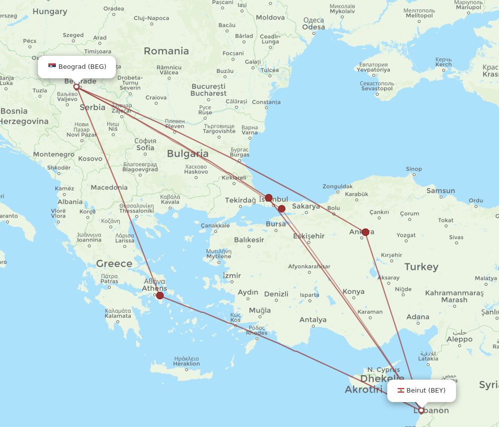 BEY to BEG flights and routes map
