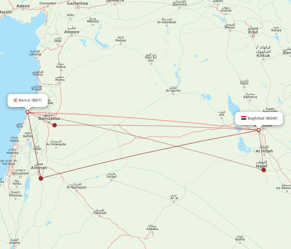 BEY to BGW flights and routes map