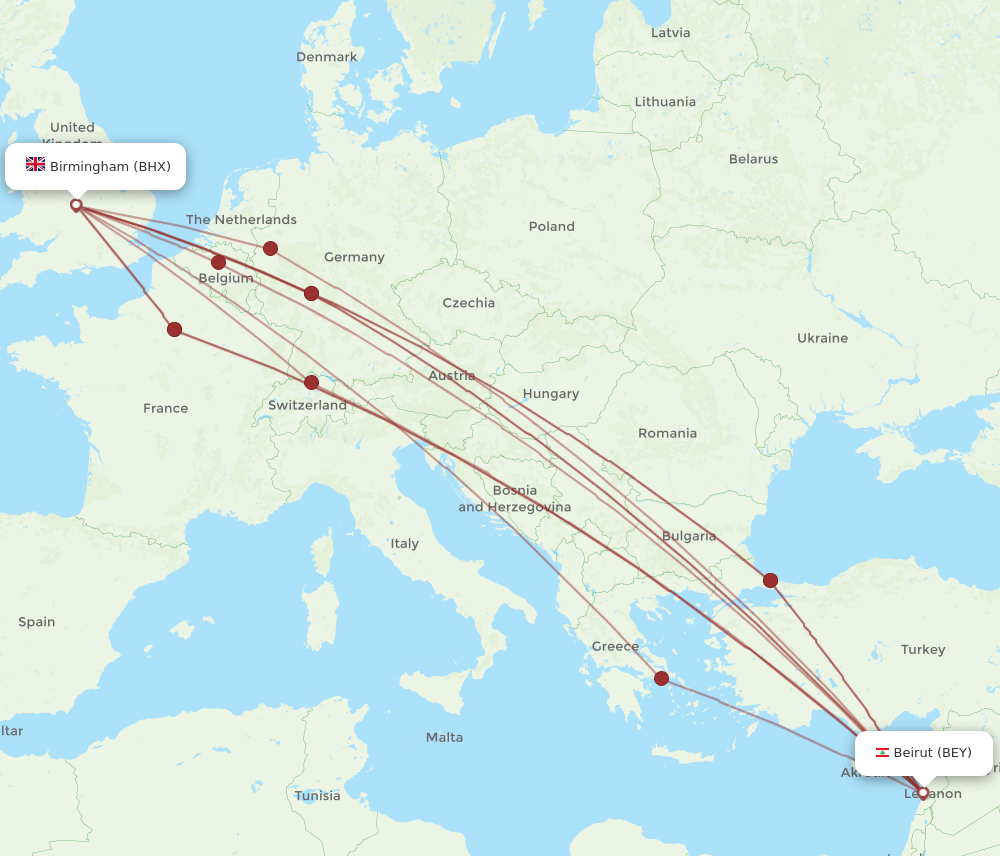 BEY to BHX flights and routes map
