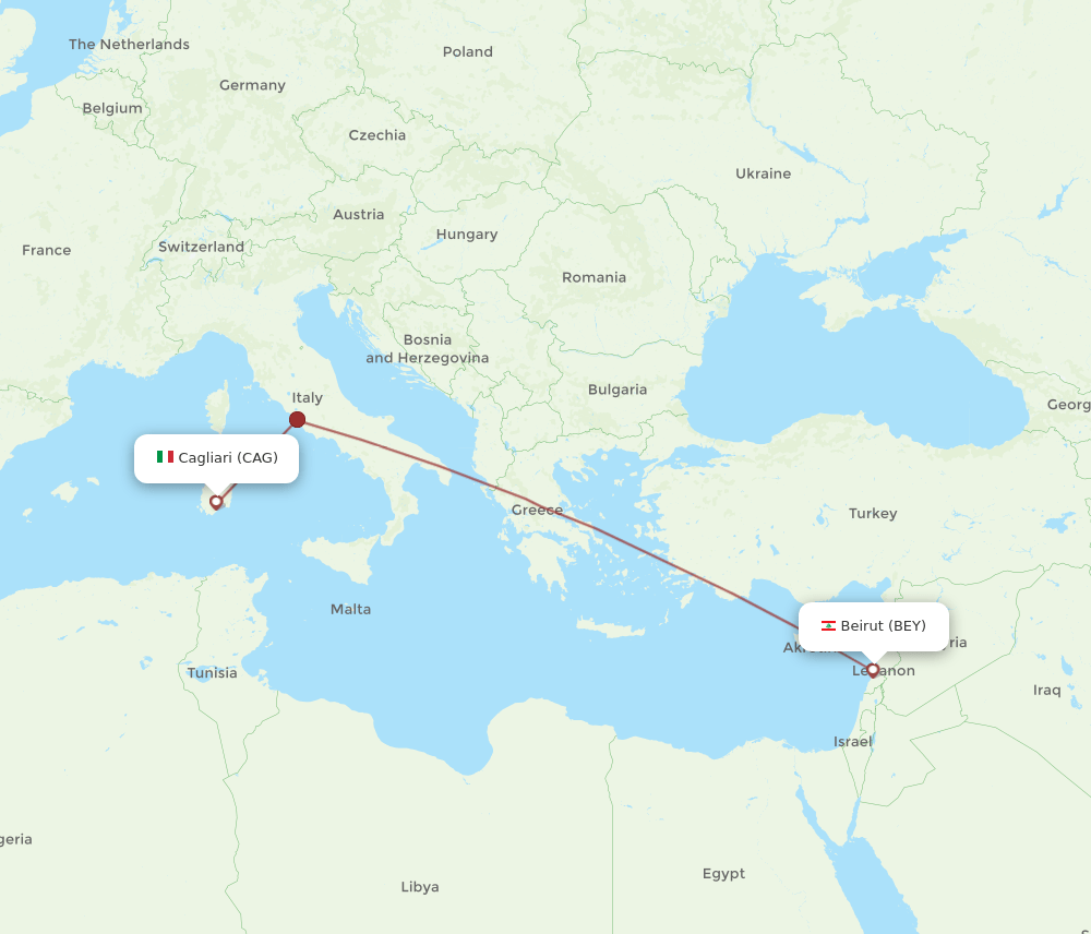 Cagliari - Beirut route map and flight paths
