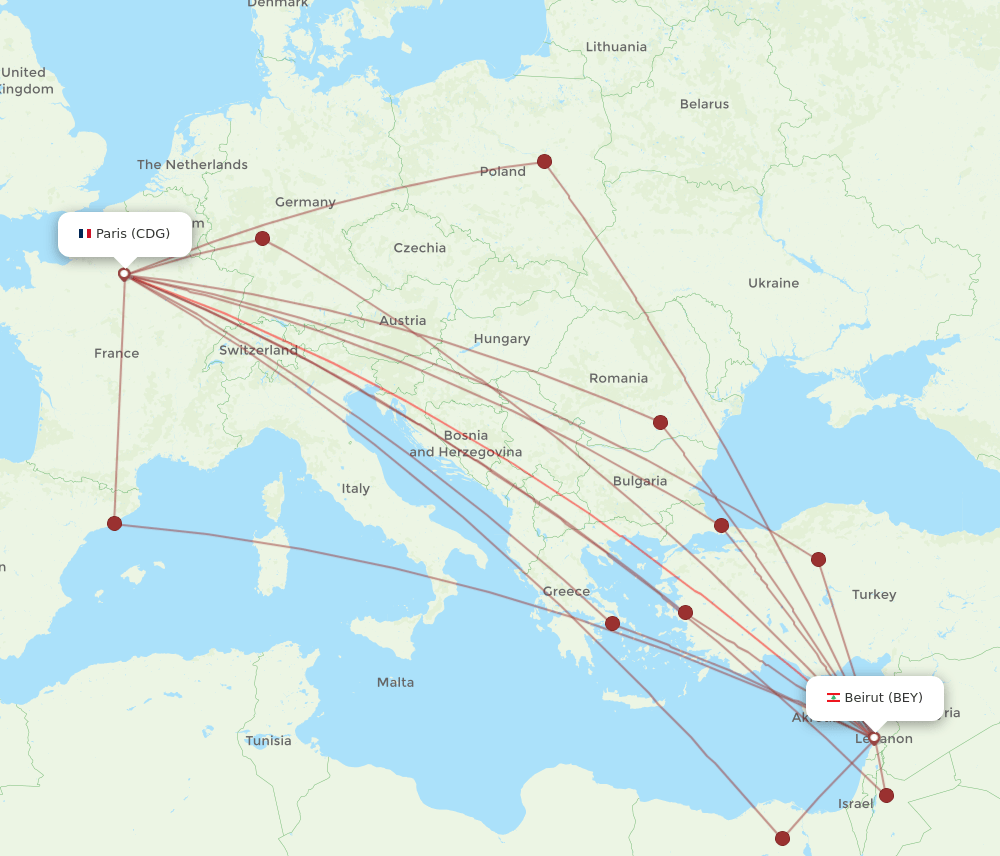 BEY-CDG flight routes