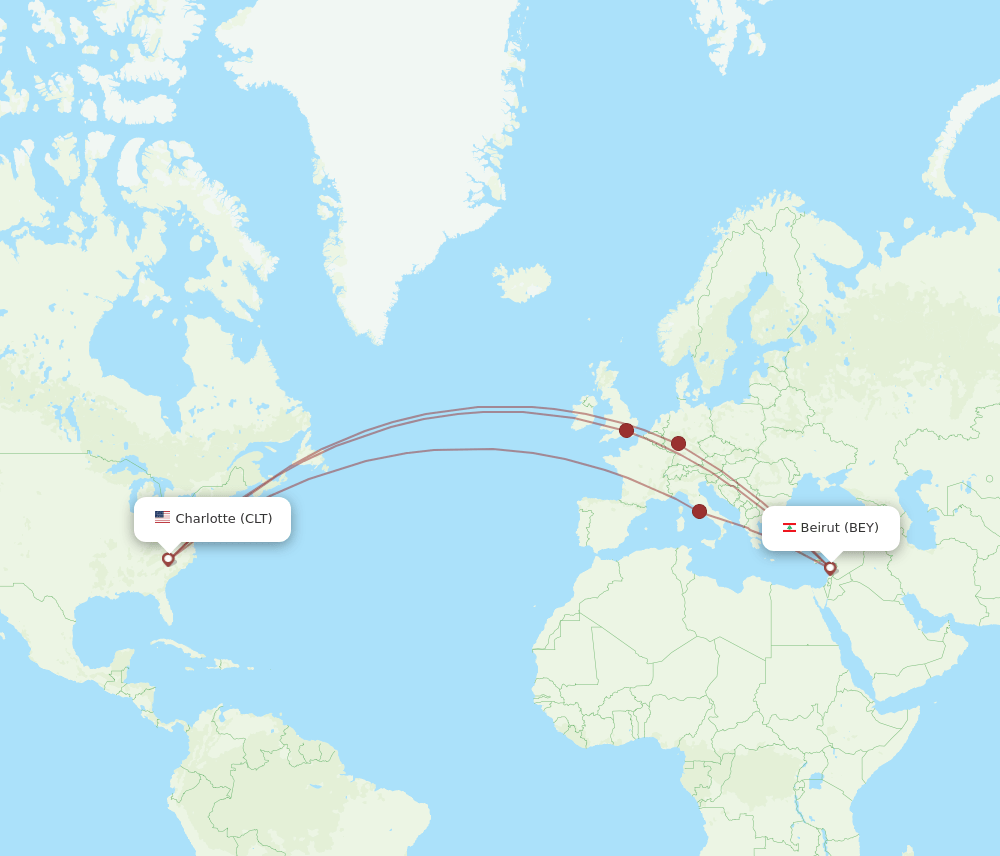 BEY to CLT flights and routes map