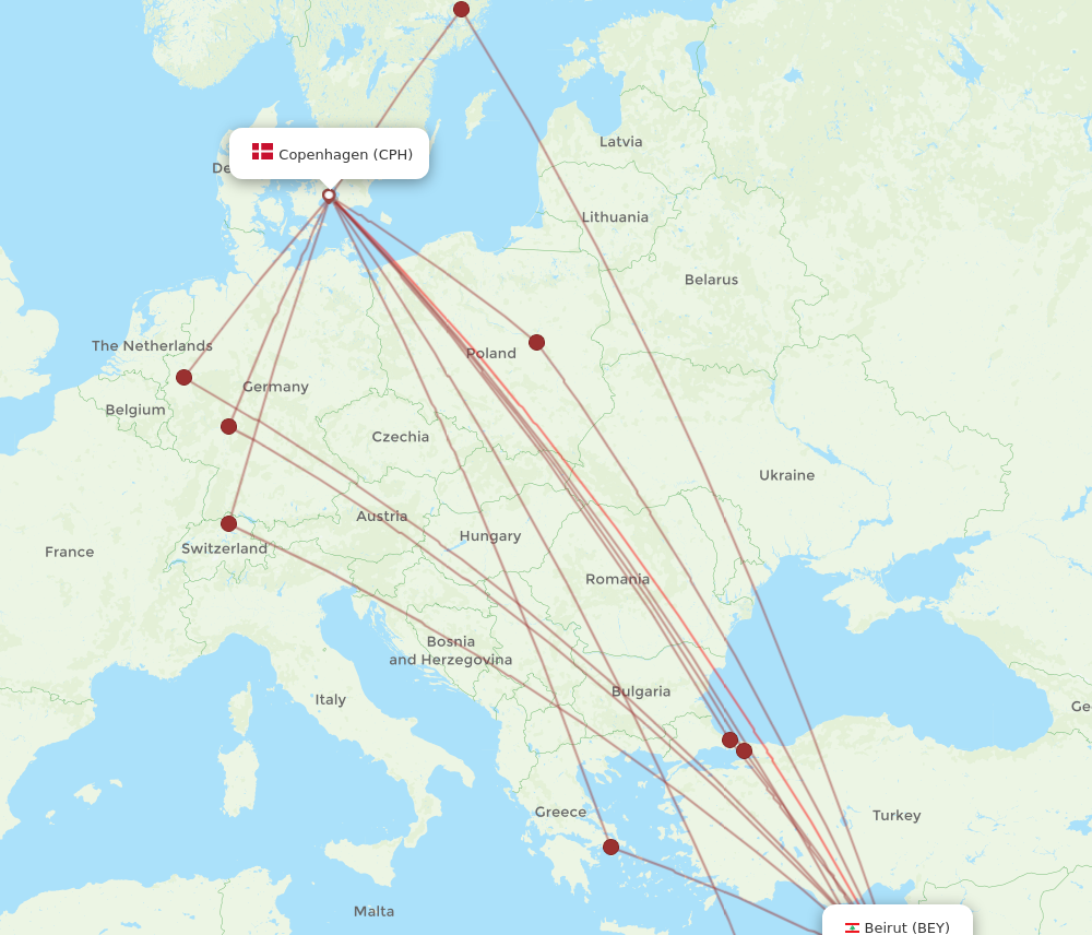 BEY to CPH flights and routes map