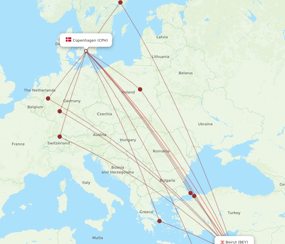 BEY-CPH flight routes