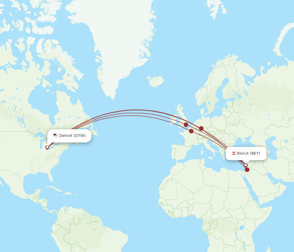 BEY-DTW flight routes
